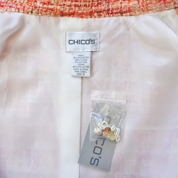 NWT Chico's Tweed Orange Boucle Pearl Sequin Collar Jacket Size 3 US Size L